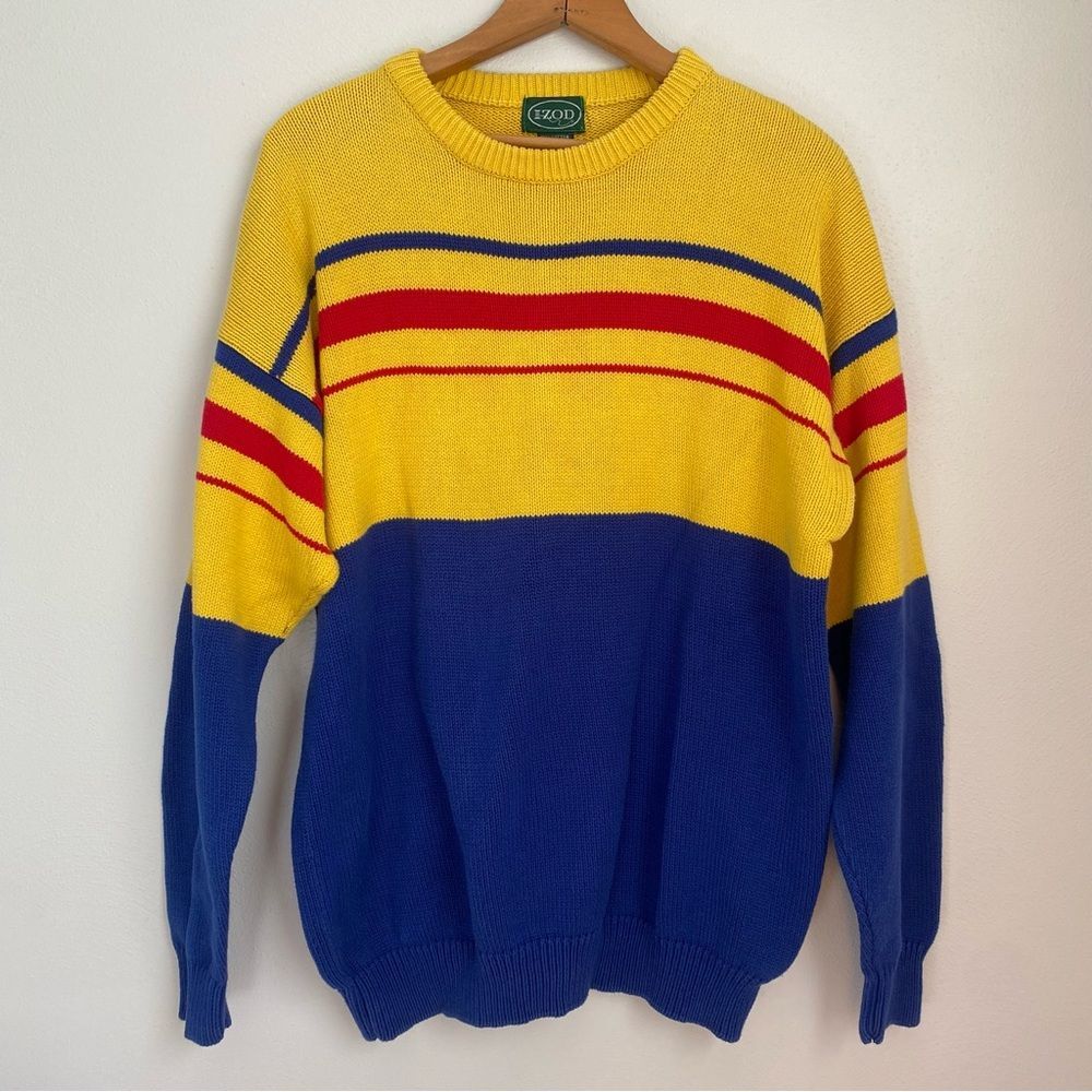 Vintage Izod Crewneck Pullover Sweater 100% Cotton Stripe Yellow Blue Men's L